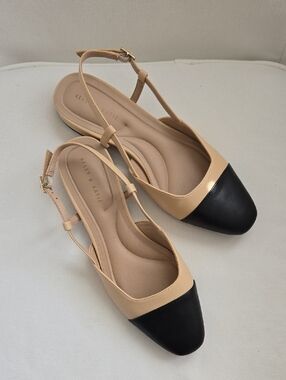 Kelly & Katie Beige Slingback Flats with Black Cap Toe